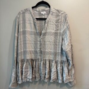 Mud Pie Grey White Plaid Peplum Button Down Blouse Frayed Hem Womens Large
